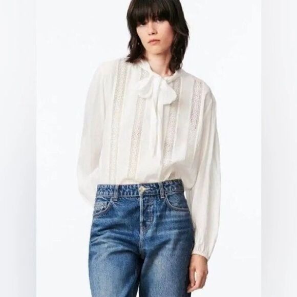 ZARA ROMANTIC LACE INSERT LANTERN SLEEVE TIE NECK BLOUSE - Picture 3 of 8